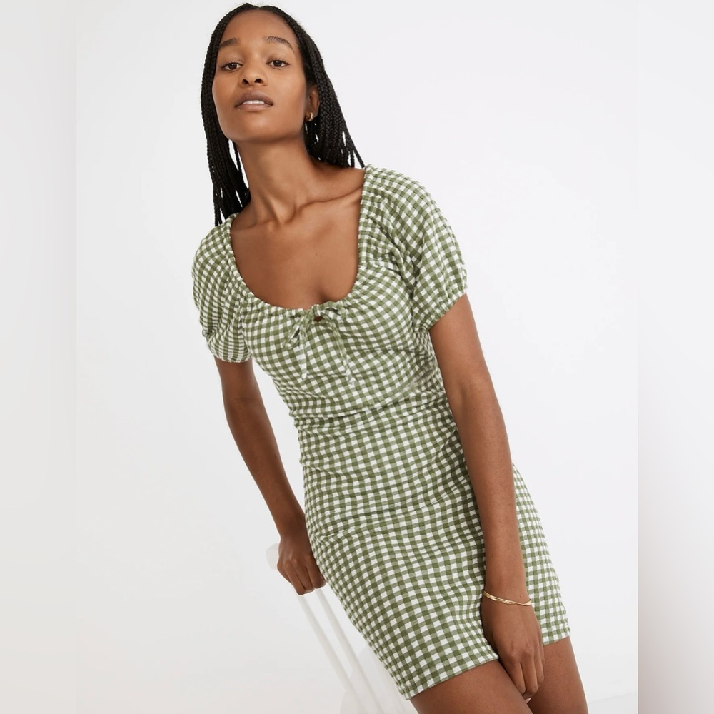 Madewell Jacquard Puff Sleeve Gingham Check Mini Dress In Faded Palm Size M